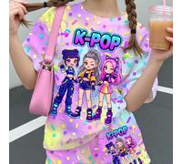 Set 2 pezzi per ragazza tween con stampa di ragazza cartoni animati, K-Pop Superstars e gruppo di ragazze cartoni animati, motivo sfumato colorato, maglietta a maniche corte e pantaloncini, adatto per