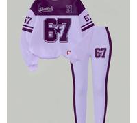 Set 2 pezzi per ragazze con felpa girocollo basic e leggings, motivo a blocchi di colore viola a righe con stella a cinque punte e badge New York 67 6Y,7Y,4Y,5YGraficoTessuto