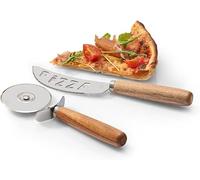 Set 2 Pezzi per Tagliare la Pizza - Set Coltello e Rotella per Pizza in Legno e Acciaio Inox