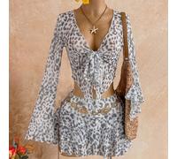 Set 2 pezzi stile American Hot Girl con stampa leopardata, rete trasparente, scollo a V, vita con laccio, maniche a campana con volant multistrato L,M,S,XSPianteTessuto in maglia