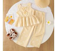 Set 2 pezzi stile pastorale fresco e delicato per ragazze giovani, top canotta senza maniche con decorazione fiocco marrone + pantaloni lunghi a gamba ampia con stampa floreale coordinata, dolce, cari
