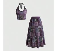 Set 2 pezzi taglie forti con top a spalline sottili e gonna lunga a trapezio, motivo vintage nomade hippie con sole, luna, stelle e divinazione 0XL,1XL,2XL,3XL,4XL,5XLStampa CasualeTessuto in maglia,T