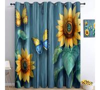 Set 2 Pezzi Tende Decorative Moderne Campagna Tavola Di Legno Girasoli- Tende Decorative per Soggiorno o Camera da Letto, Oscuranti in Tessuto di Alta Qualità, Stile Elegante, Azzurro, 280 x 245 cm