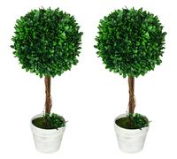 Set 2 Piante Artificiali Alberi di Bosso da Interno ed Esterno Ø28x60 cm con Vaso Verde