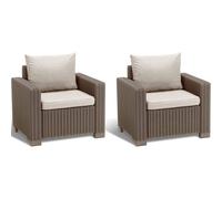 Set 2 Poltrone da Giardino in Resina Rattan Cappuccino con Cuscini