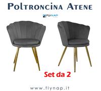 SET 2 Poltrone Imbottite Schienale a Conchiglia Atene Velluto Grigio e Gambe oro