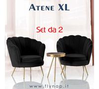 SET 2 Poltrone Imbottite Schienale a Conchiglia Atene XL Velluto Nero Gambe oro