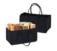 Relaxdays Portalegna da Interno in Feltro, Set da 2, Cesta con 28 L di Volume, Borsa per Legna con Manici, Nero, 25 x 50 x 25 cm