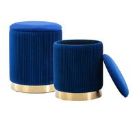 Set 2 Pouf Contenitore Blu Velluto Sgabello Poggiapiedi Rotondo Portata 120kg