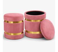 Set 2 Pouf Contenitore Rosa con Rivestimento Velluto Morbido Sgabelli Moderni