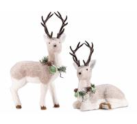 Set 2 renne in fibra e panno con coroncina di pino e pigne