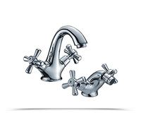 Set 2 rubinetti bagno con manopole lavabo e bidet, coppia di rubinetteria con manopola a croce, in ottone cromato, stile tradizionale Vittoriano completi di piletta e flessibili