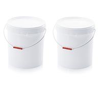 Set 2 secchi in plastica da 30 L, con coperchio e manico in metallo, adatti per alimenti, di colore bianco.