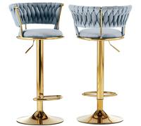 BAKAJI Set 2 Sgabelli da Cucina con Rivestimento in Velluto e Schienale Intrecciato e Altezza Regolabile, Sedie da Bar, Ristorante, Struttura Girevole in Oro con Poggiapiedi, Design Moderno (Grigio)
