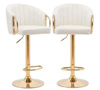 Set 2 Sgabelli da Cucina Altezza Regolabile in Velluto Crema e Struttura Oro