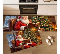 Set 2 Tappeto Cucina Natale Vintage Antiscivolo Lavabile | Passatoia, Assorbente, Facile Pulire, Zerbino Babbo Natale Che Legge L'Albero Natale per Davanti al Lavandino, Corridoio, 43x75cm+43x120cm