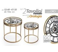 SET 2 TAVOLI TAVOLINI IN METALLO ORO PIANI IN VETRO CON OROLOGIO JST-772764