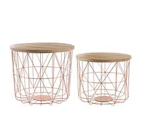 SET 2 TAVOLINI ROTONDI ARREDO DIVANO SOGGIORNO IN LEGNO E ACCIAIO RAME INTRECCIO