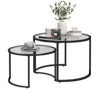 Set 2 Tavolini Sovrapponibili Ø70x47,5 cm e Ø54 x 42,5 cm in Vetro e Acciaio Nero