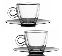 Set 2 Tazze da latte cappuccino Tè Doppia Parete in Vetro Borosilicato thermico con Piattino in Acciaio Inox cl 16,5 Design Elegante uso Professionale bar hotel o domestico casa cucina