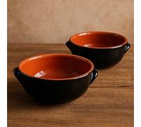 Set 2 Tegamini Terracotta Bicolore 16cm - Ciotole Ceramica con Manici Nero Marrone - Altezza 6cm Tapas Antipasti Contorni Primi - Artigianali - Ebook Omaggio
