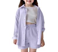 Set 2026 composto da maglia e pantaloncini da ragazza in tessuto di poliestere, composto da due pezzi, per ragazze, abbigliamento casual estivo per le giornate estive, gamma di colori beige, azzurro