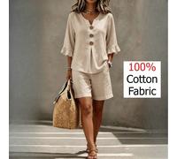 Set 2026 Estate Donna Outfit Casual in Cotone Blusa Senza Maniche con Scollo a V e Volant e Pantaloncini Questo completo estivo a due pezzi, realizzato in puro cotone al 100%, offre un comfort eccezio