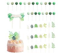 Set 21 Inserti a Foglia Verde, 20 Palline per Torte e 1 Striscione di Compleanno - Accessori per Decorazione Verde