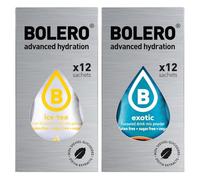 SET 24 BOLERO bustine da 3 grammi 12 ice tea lemon limone + 12 Exotic Preparato istantaneo per Bevande con Stevia e Vitamina C e Senza Zucchero