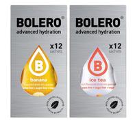 SET 24 BOLERO bustine da 3 grammi 12 Ice Tea Peach Pesca + 12 Banana Preparato istantaneo per Bevande con Stevia e Vitamina C e Senza Zucchero