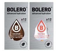 SET 24 BOLERO bustine da 3 grammi 12 Ice Tea Peach Pesca + 12 Coconut Cocco Preparato istantaneo per Bevande con Stevia e Vitamina C e Senza Zucchero