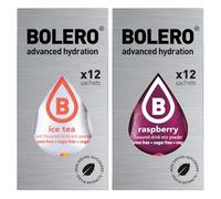 SET 24 BOLERO bustine da 3 grammi 12 Ice Tea Peach Pesca + 12 Raspberry Lampone Preparato istantaneo per Bevande con Stevia e Vitamina C e Senza Zucchero