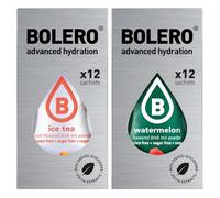 SET 24 BOLERO bustine da 3 grammi 12 Ice Tea Peach Pesca + 12 Watermelon Anguria Preparato istantaneo per Bevande con Stevia e Vitamina C e Senza Zucchero