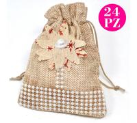 Set 24 Sacchetti per Confetti in Juta Beige con Fiore Perline e Laccio 14x11cm