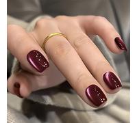Set 24 Unghie Finte Rimovibili(nails), Unghi Cat Eye Bordeaux Quadrato, con Colla Jelly + Lime, Stickers Unghie Pratici