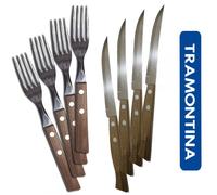 SET 24pz FORCHETTE + COLTELLI MANICO LEGNO TRAMONTINA LAMA LISCIA DA BISTECCA ..