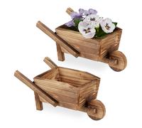 Relaxdays Carriola Porta Fiori, Set Doppio, Legno Effetto Bruciato, Decorazione Giardino Vintage, Giardinaggio, Naturale