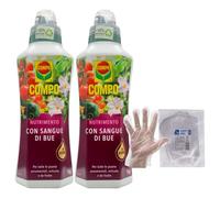 SET: 2x Concime NUTRIMENTO Con SANGUE DI BUE Più Ferro. Per Tutte Le Piante Ornamentali, Orticole e Da Frutto 1000ml + 100pz Guanti HDPE Monouso