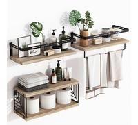 BAKAJI Set 3+1 Mensole da Parete in Legno Massiccio, Scaffali a Muro Multiuso, Staffe e Cestino in Metallo, Scaffalatura per Camera da Letto, Soggiorno, Cucina, Bagno, Libreria, Salvaspazio (Noce)