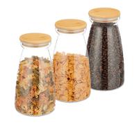 Relaxdays Set da 3 Barattoli per Alimenti con Coperchio in bambù, Recipienti in Vetro, 1400 ml, Trasparente Naturale, Silicone