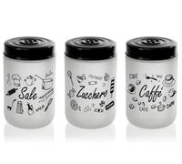 Set 3 Barattoli Contenitori, Tris Sale Zucchero Caffè, in Vetro Bianco Satinato, con Decorazioni