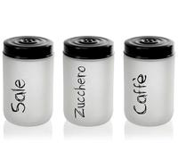 Set 3 Barattoli Contenitori, Tris Sale Zucchero Caffè, in Vetro Bianco Satinato, Decoro Stile Shabby