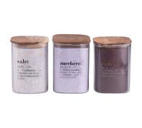 Set 3 barattoli sale, zucchero e caffè in vetro e legno di acacia, Victionary