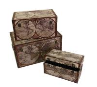 Set 3 Bauli Rettangolari in Similpelle Design Mappamondo Marrone