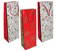 Set 3 Buste Regalo Per Bottiglie Natale Con Etichette 35.5x12.5x8.5cm Pigna Mix