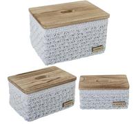SET 3 CAJAS ALMACENAMIENTO TELA BLANCA C/TAPA MADERA_35X26X21+31X21X16+25X15X12CM