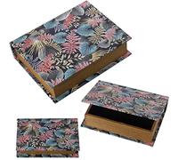 SET 3 CAJAS LIBROS DECORADOS MADERA DM/LONA POLIÉSTER HOJAS 30X24X8+24X18X6+18X12X4CM