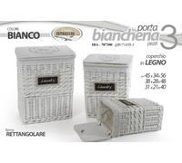 SET 3 CESTE CESTA VIMINI Portabiancheria CONTENITORE COPERCHIO LEGNO 56-48-40cm