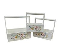 Set 3 Cestini rettangolari in legno BIANCO con decorazioni FLOREALI 1H30