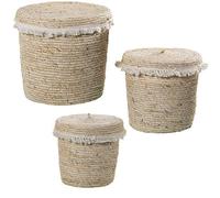 SET 3 CESTOS HOJAS MAÍZ NATURAL C/TAPA+FLECOS ALGODÓN °35X35+°30X30+°25X25CM
